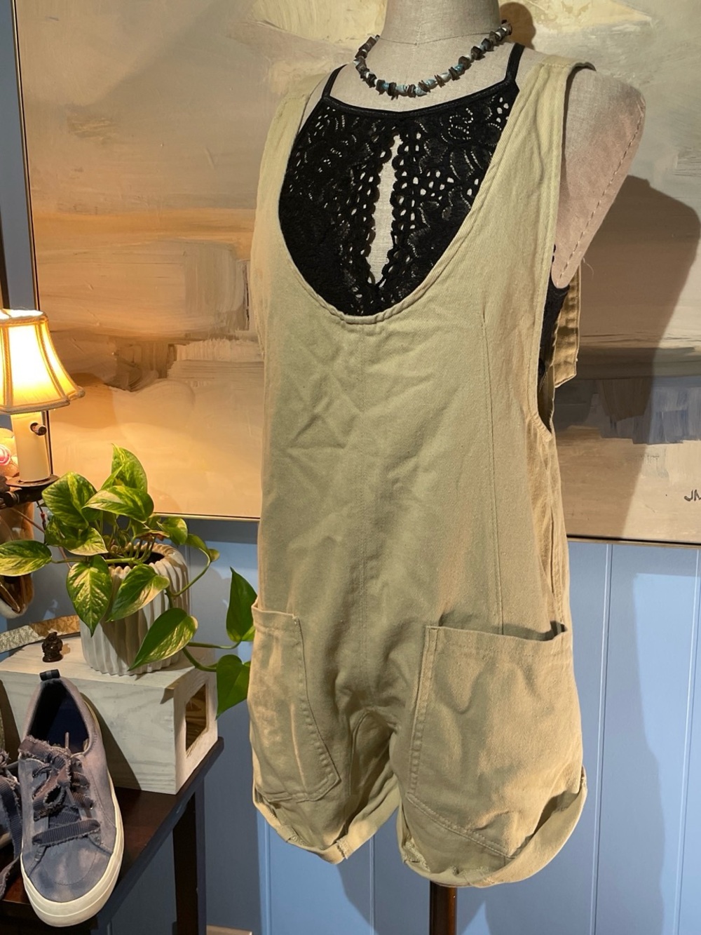 eesome  cream Short Romper with Front Pockets